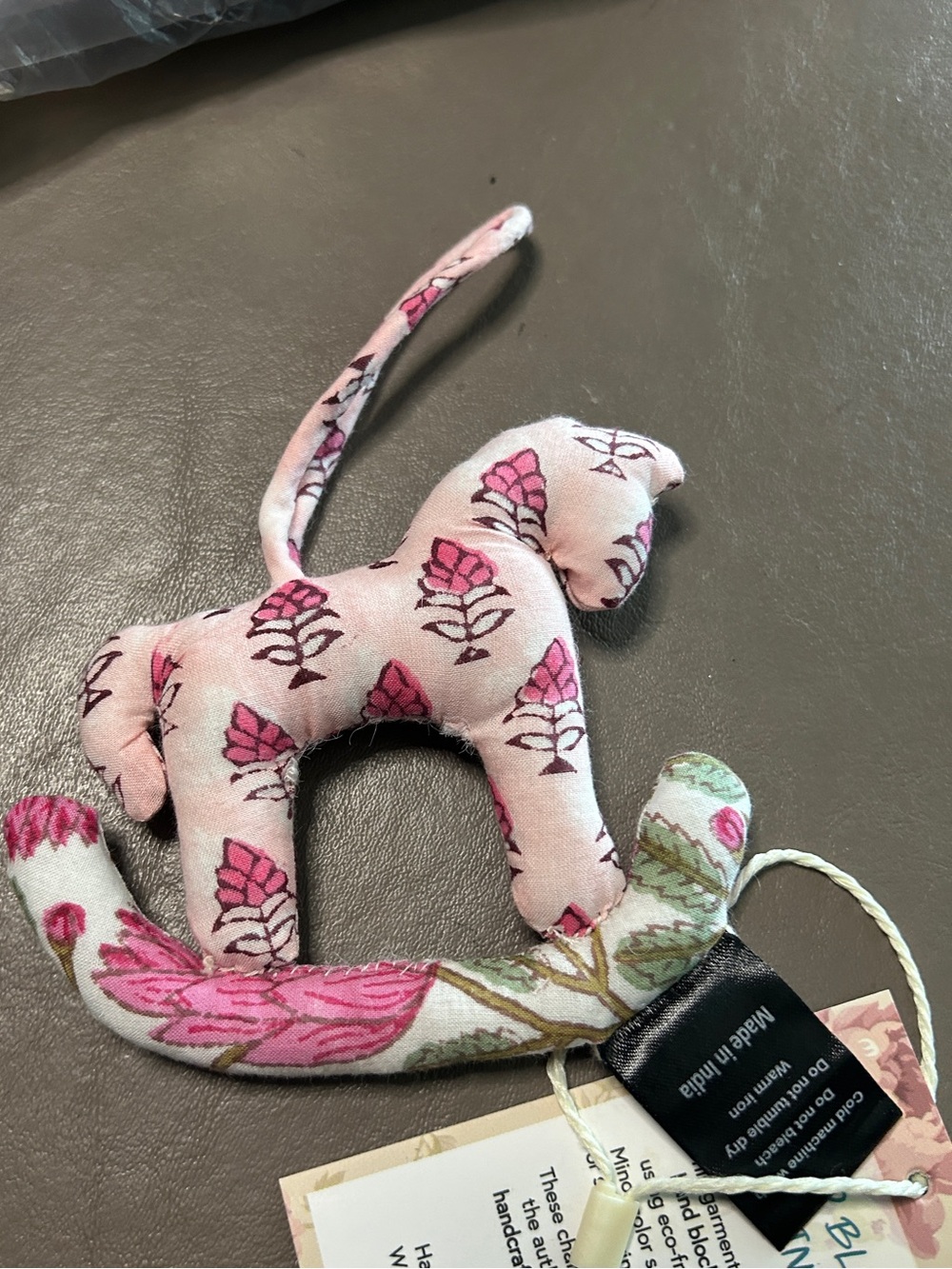 POL Fabric Rocking Horse Ornament - Blue or Pink Floral. Hand Blocked Printing - Picture 5 of 7